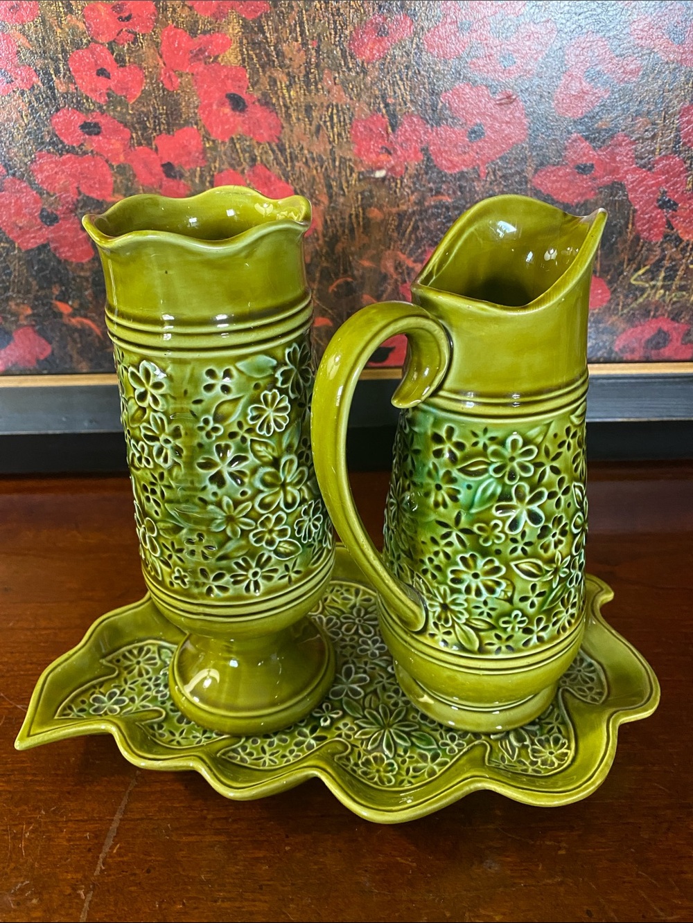 Vintage MCM Avocado Green Floral Pitcher Goblet & Tray Set Japan